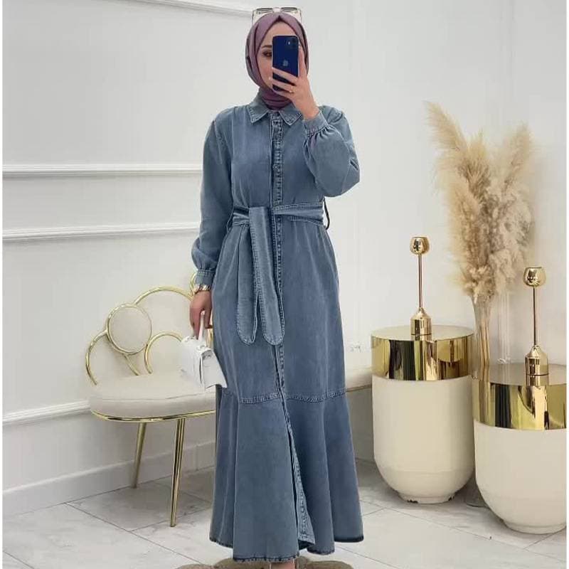 Women's Solid Color Zippered Waist Muslim Denim Dress