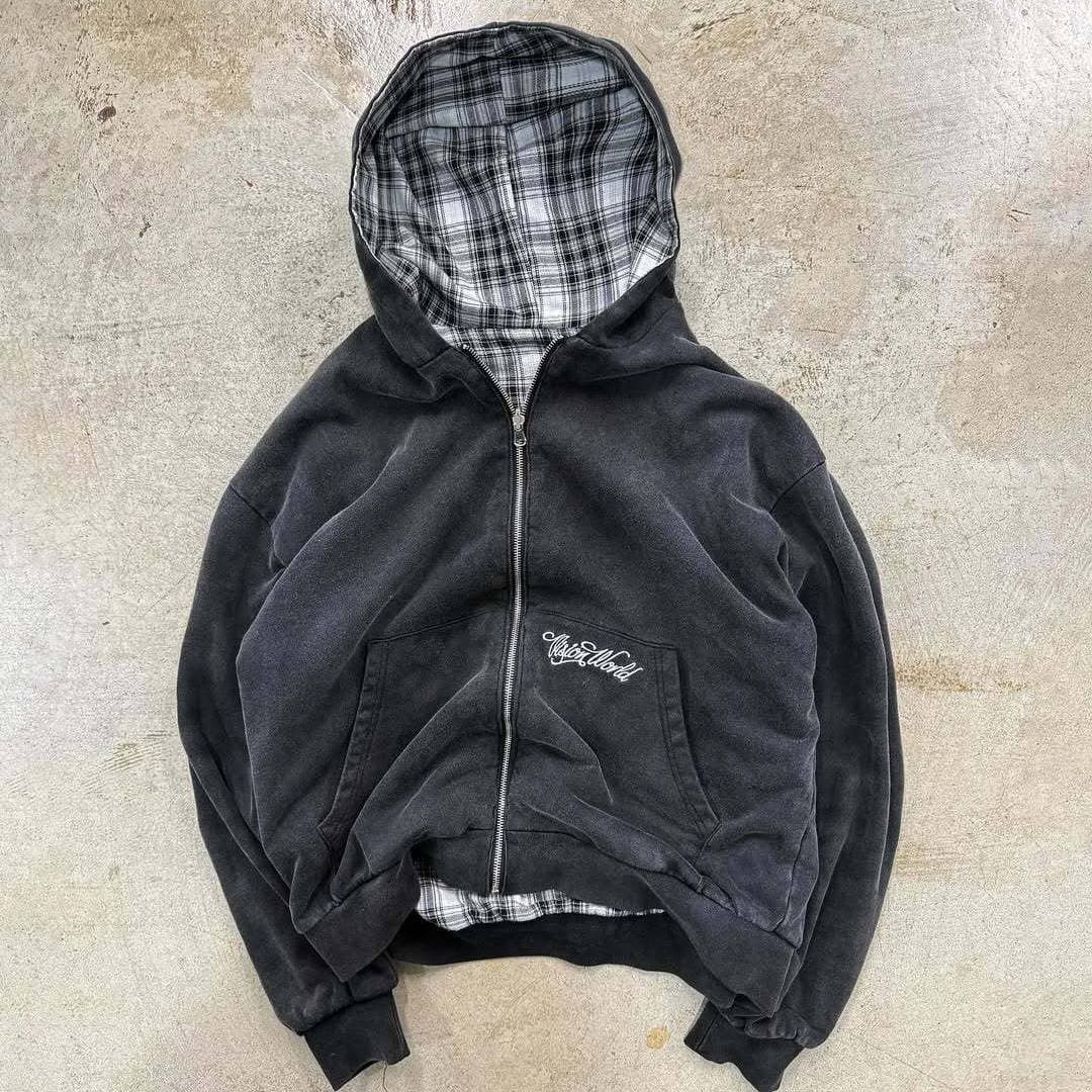 Y2k Reversible Zip-Up Hoodie – Embroidered Lettering & Checkered Print (Unisex Streetwear, S-Xl)