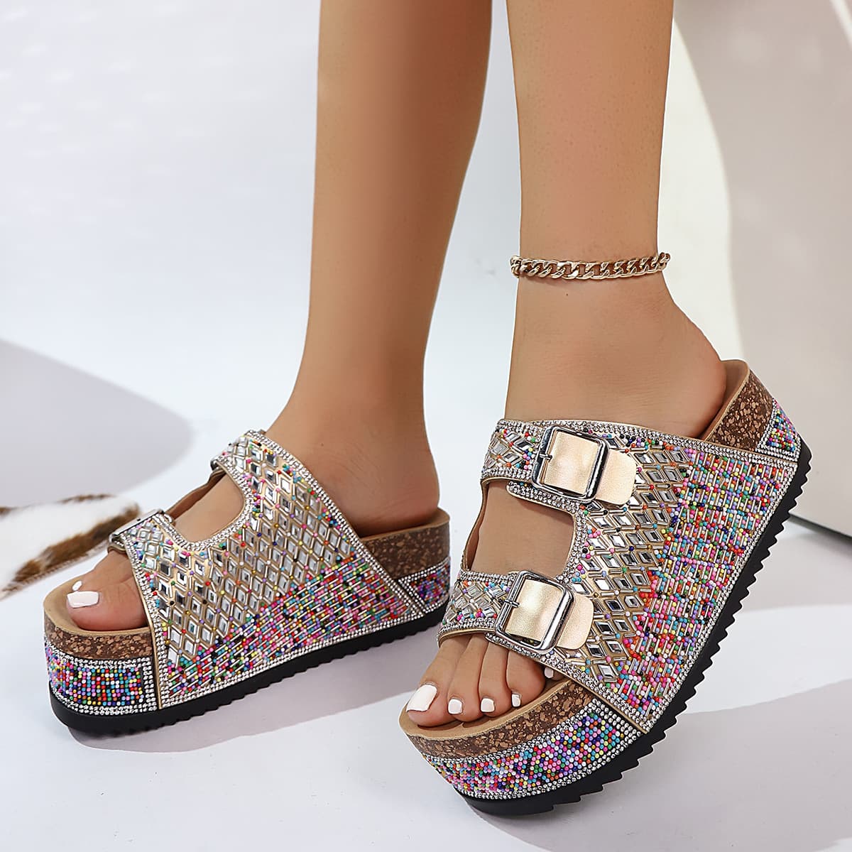 Women's plus Size Flip Flops Rhinestone European American Style Sandals Summer Soft Sole Belt Buckle Slippers