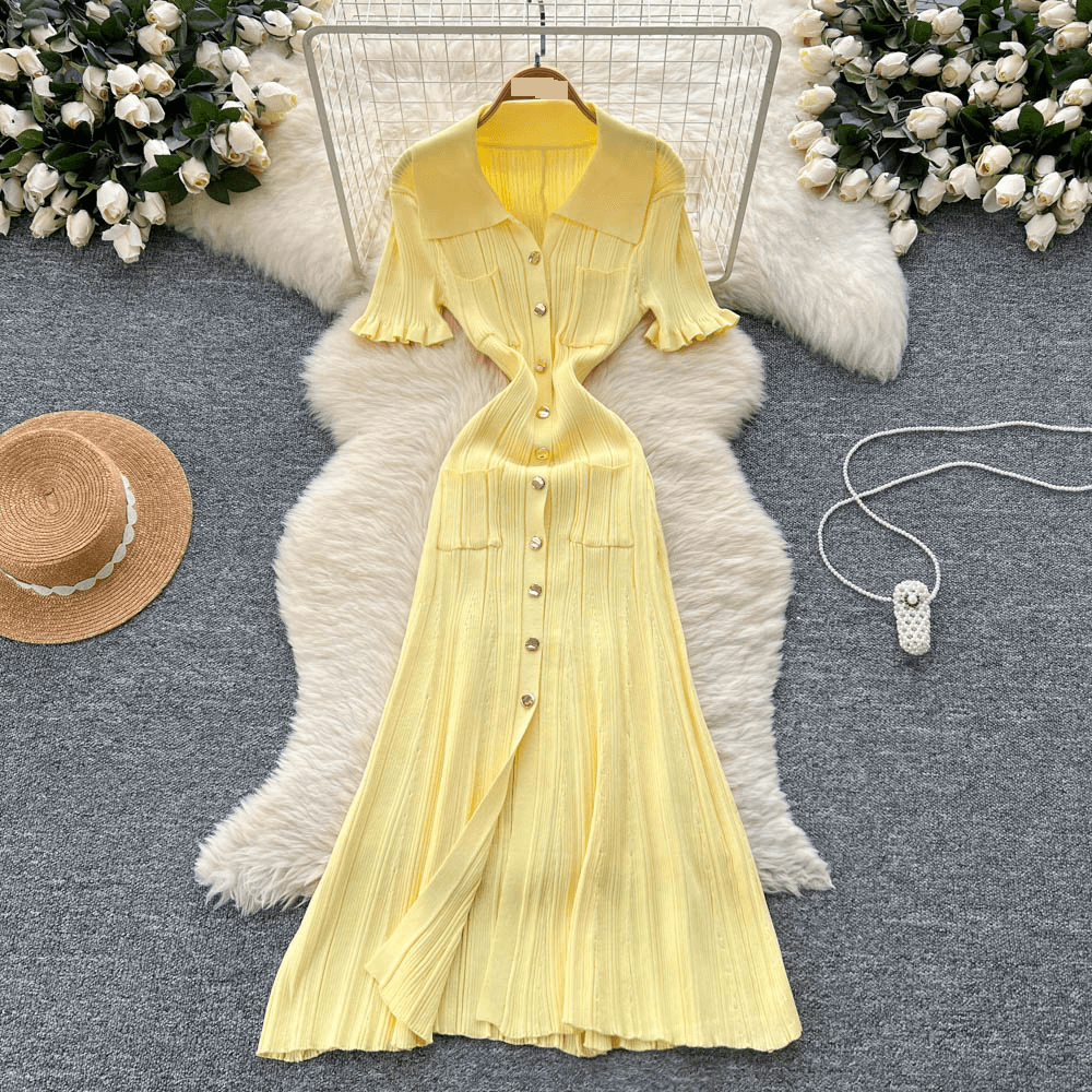 Women's Clothing Simple Design Lapel Knitted Dress Slim Fit Single Breasted Royal Sister Temperament Long Skirt
