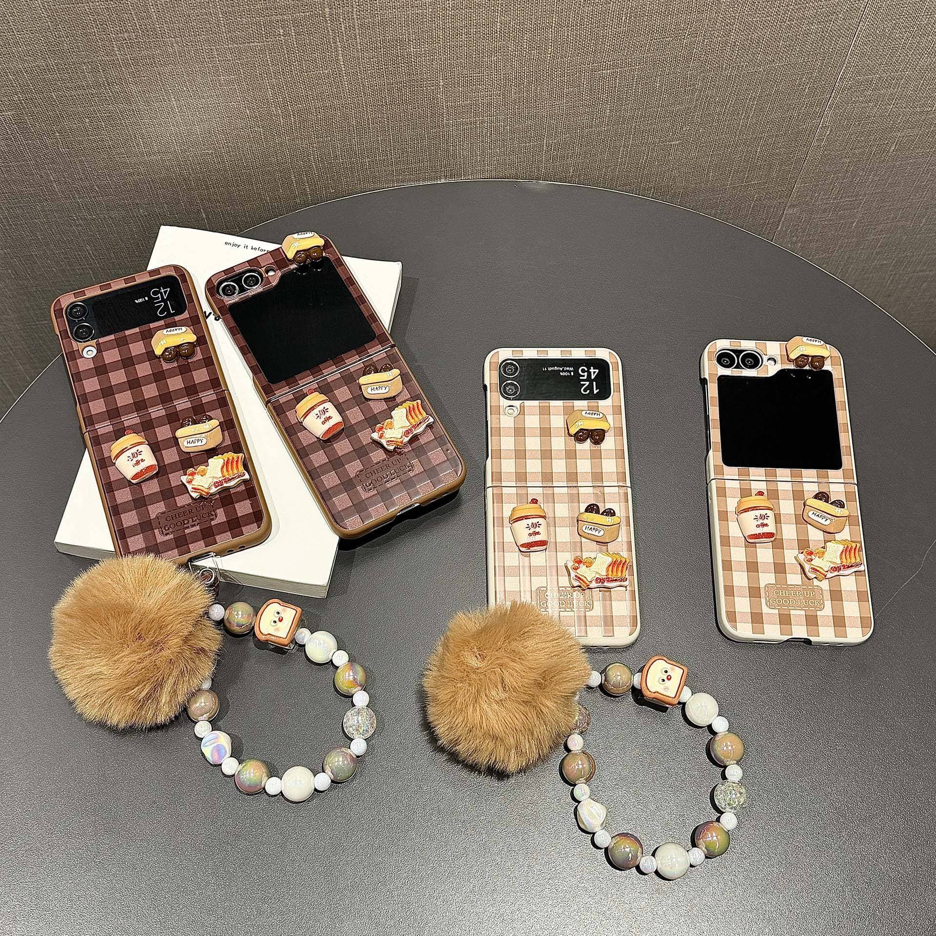 3D Toast Phone Case Applicable To Samsung Z Flip – Plaid Hard Shell With Fluffy Strap (4 Styles)