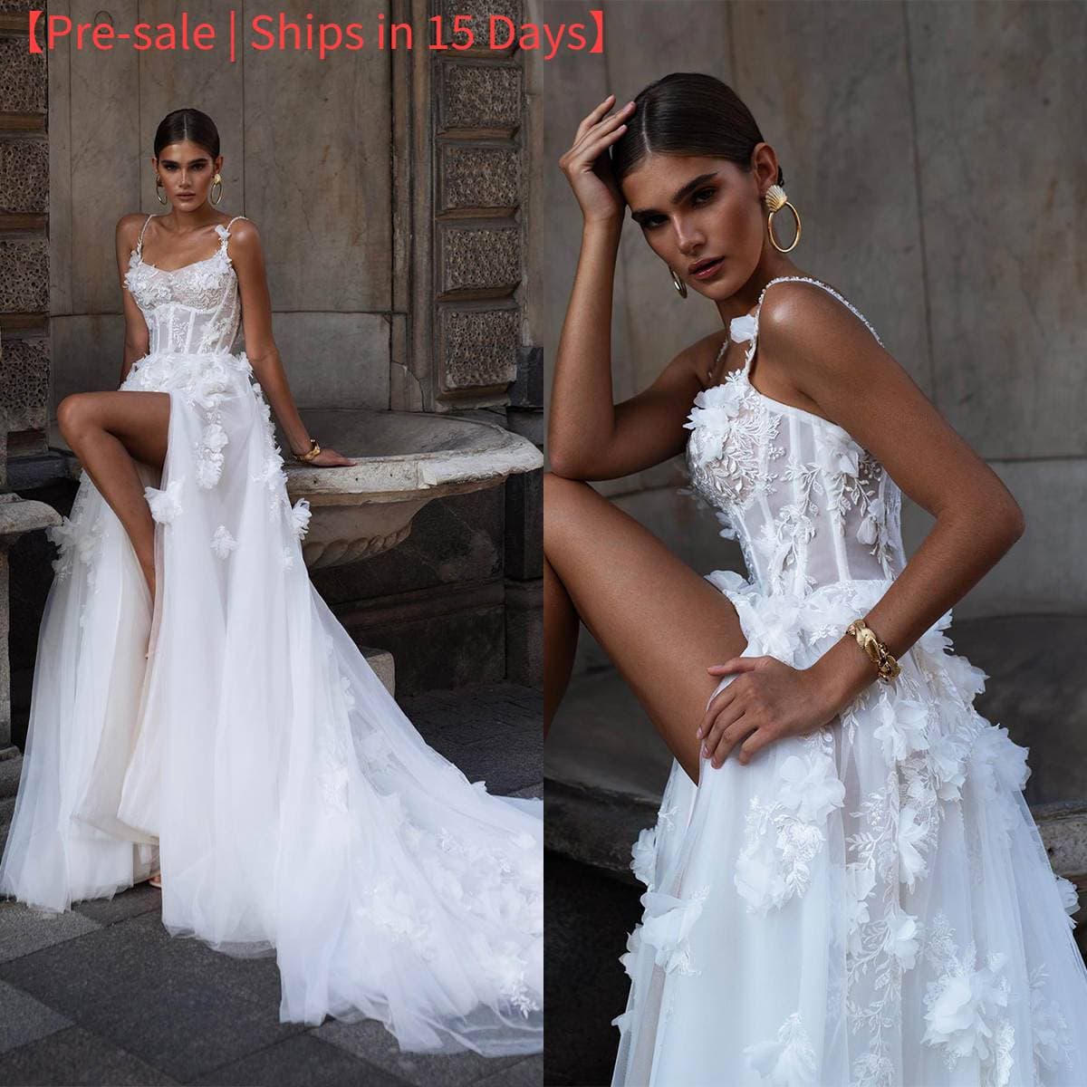 【Pre-sale | Ships In 15 Days】Elegant Suspender Wedding Dress With High Slits And Train, Three-dimensional Flower Beaded Embroidery Wedding Dress