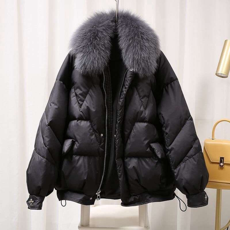 Warm Faux Fur Trim Puffer Jacket For Women - Thickened Winter Coat With Detachable Hood Loose Fit & Stylish Quilted Design (Black With Black/Grey Fur)