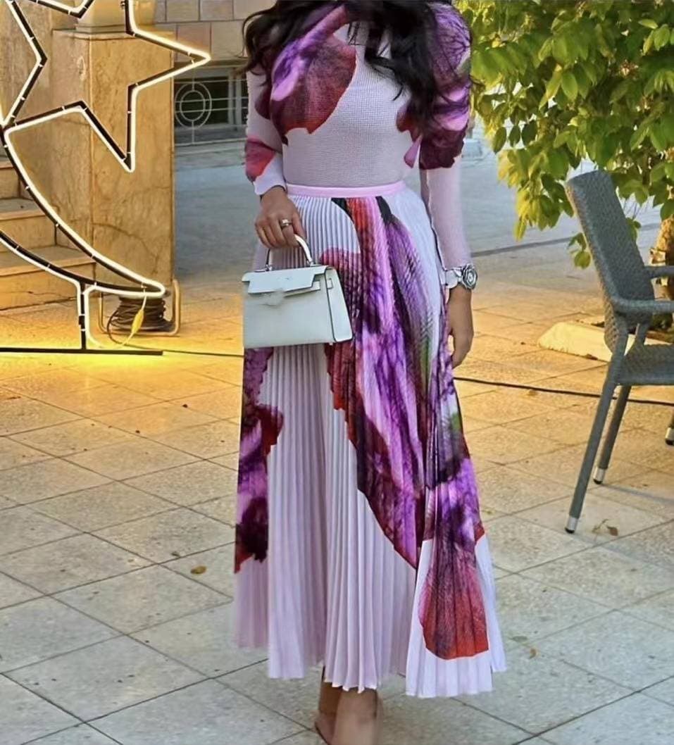 Women's Clothing Pleated Suit High Neck Corn Pleated Slim Long Sleeve Top + Loose High Waisted Pleated Skirt