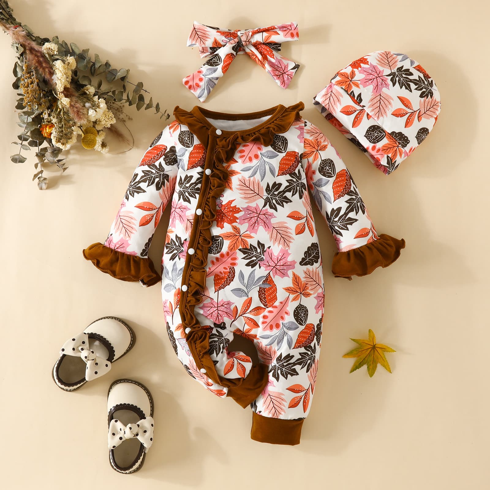 Mother & Kids Baby flower trumpet sleeve long leg romper newborn hat headscarf lace jumpsuit casual baby romper