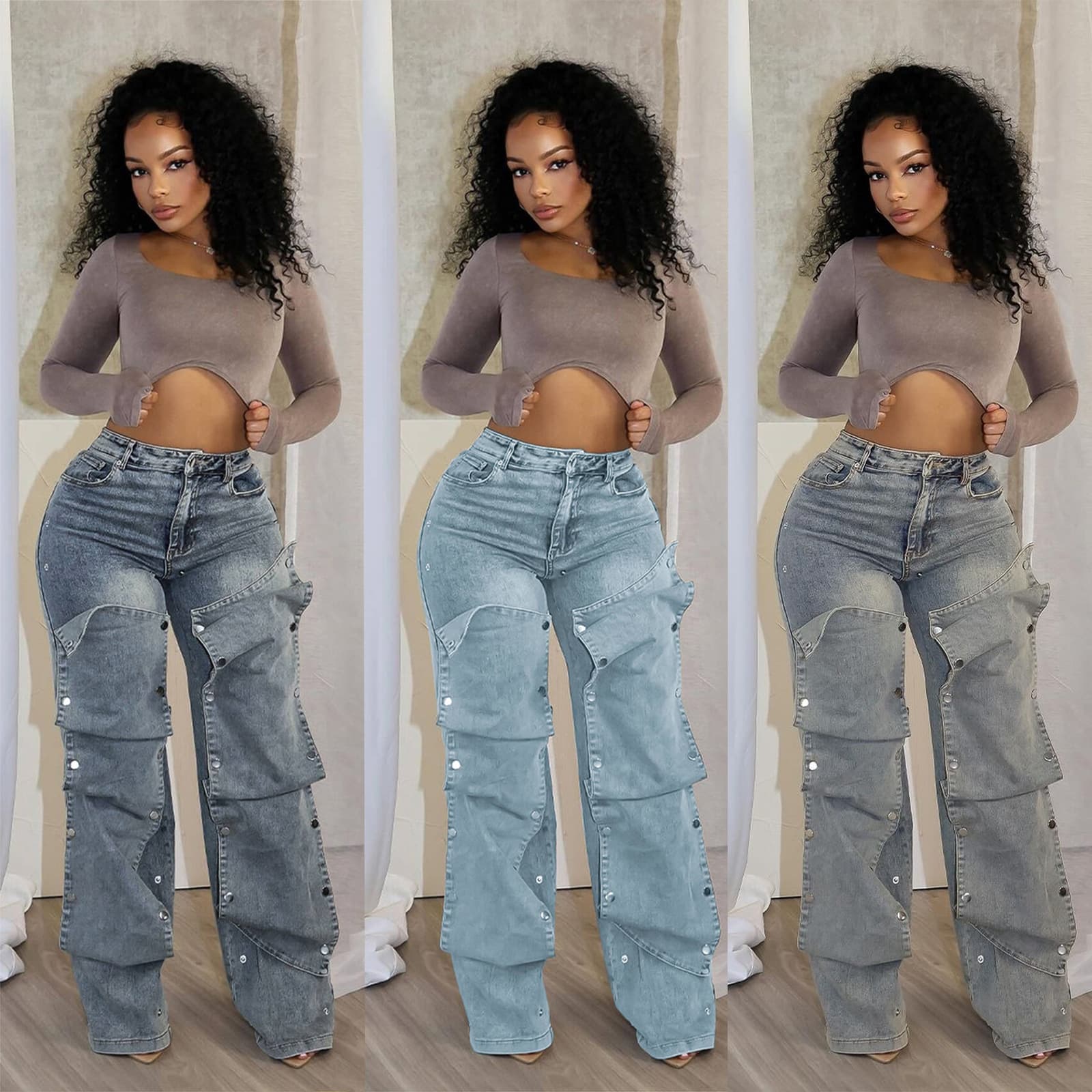 ​​"Button-Front Relaxed Denim Pants - Decorative Stitching & Loose Fit (Blue/Light Blue/Dark Gray, S-XXL)"​​