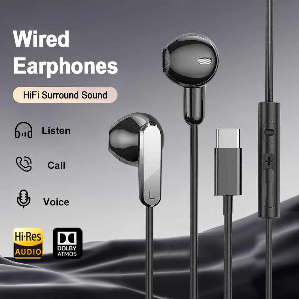 USB-C Wired In-Ear Headphones HiFi Surround Sound Earbuds With Microphone Volume Control For IPhone 17 Pro Samsung Galaxy S25 Laptop