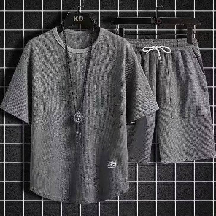 Men's Clothing Waffle Summer Casual Sportswear Loose Suit Trendy Short Sleeved T Shirt Set