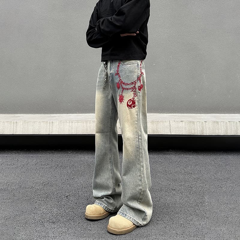 Men's Vintage Washed Yellow Mud Flared Jeans - Loose Fit High Street Denim Pants With Embroidery