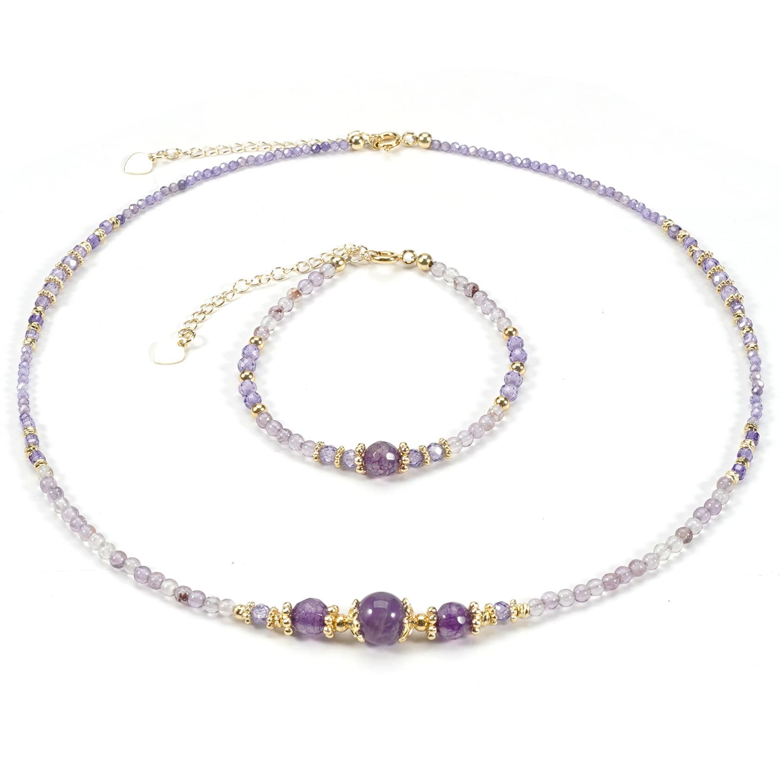 2cm Amethyst Sugar Cube Round Beads Amethyst Natural Stone Bracelet Necklace Set
