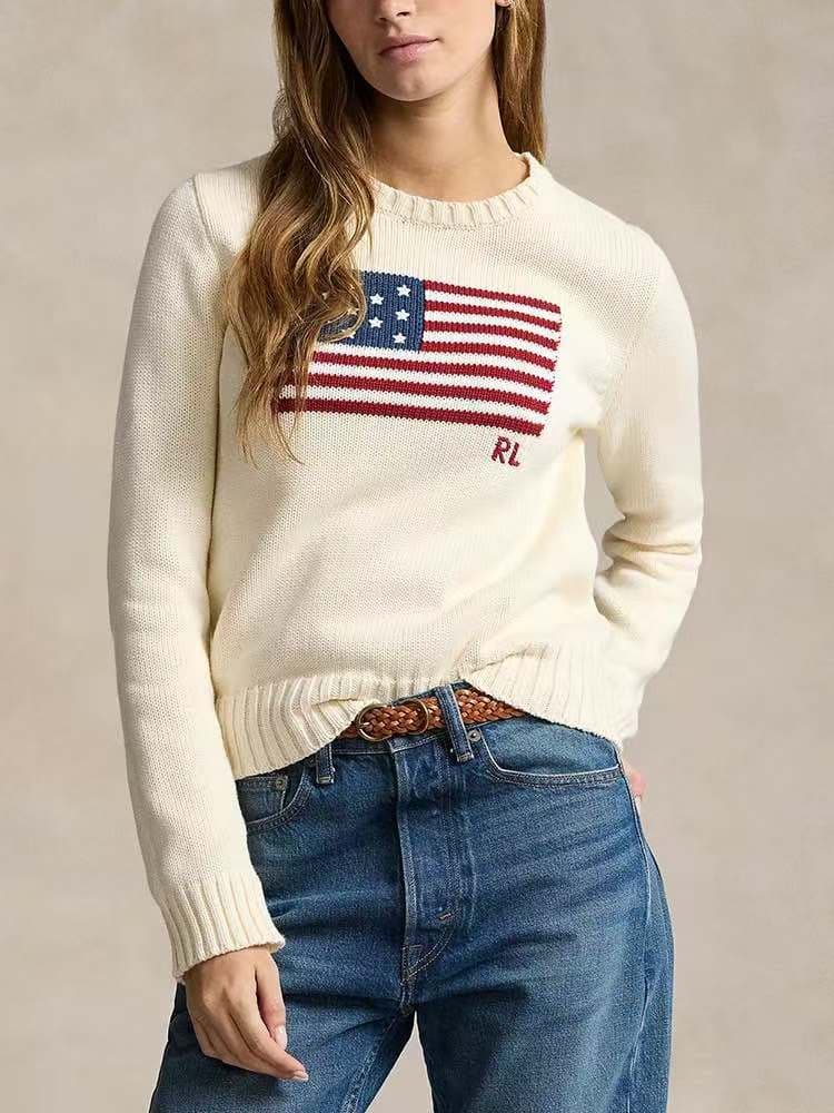 Pull ample à col rond et motif drapeau américain rétro