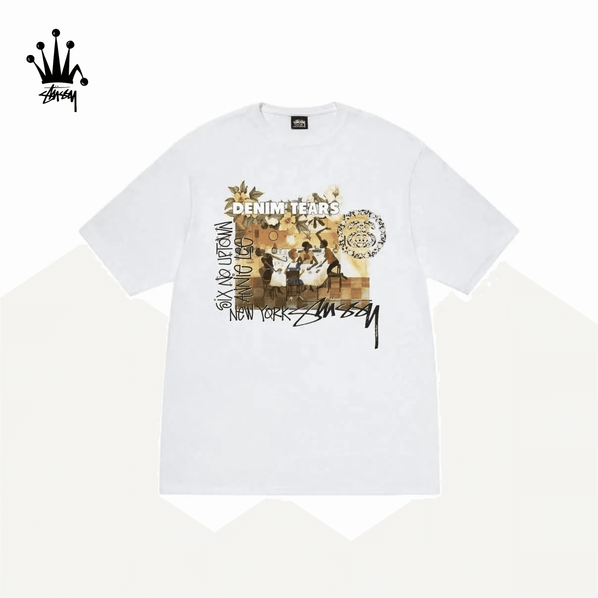Stussy X Denim Tears Collaboration SS25 Chest Print Pattern Round Neck Short Sleeved T-shirt For Both Men And Women In White