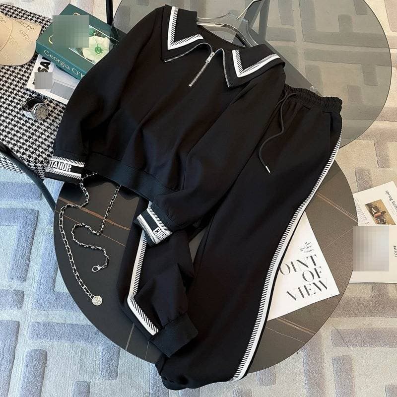 Women's Casual Sports Suits Fashionable Stylish Zipper Doll Collar Two Piece Suit Trendy Ins Reducing Age New Style Autumn Winter