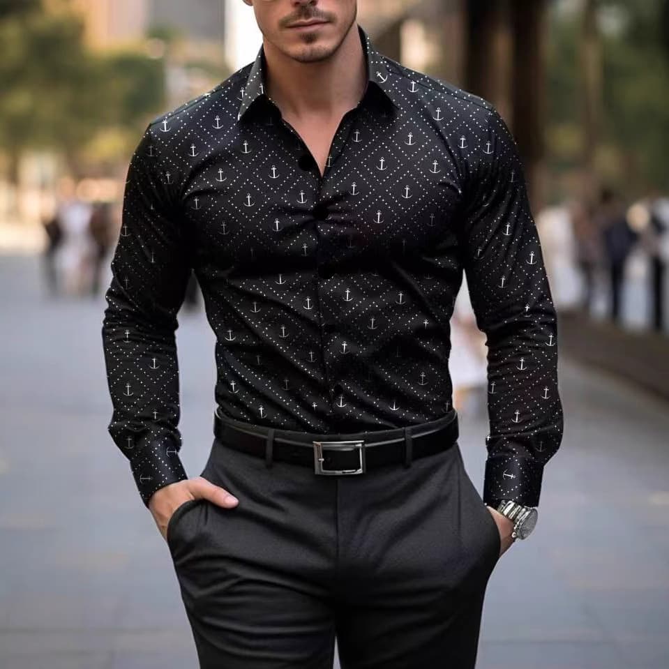 Men's Clothing Spring And Autumn Men's Shirt Youth Breathable Formal Wear Anchor Print Thin Men's Long Sleeved Shirt
