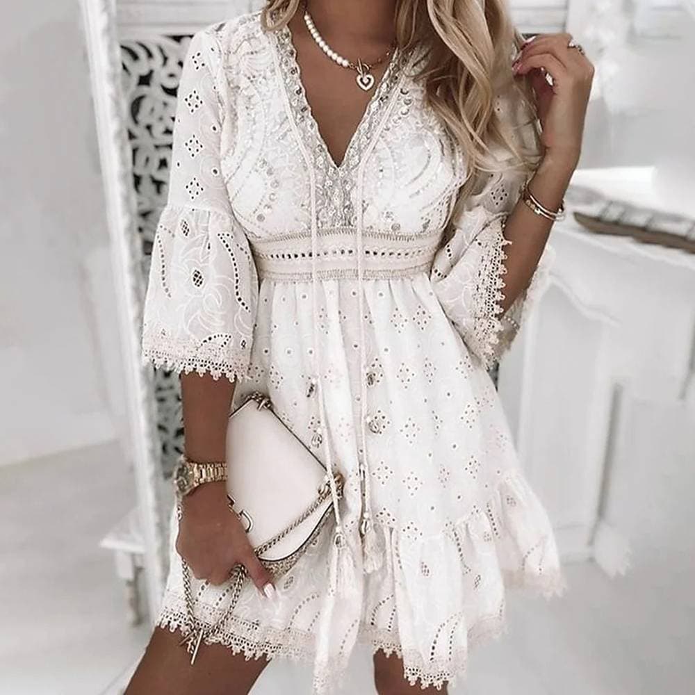 Women’s Clothing new V neck white hollow tassel embroidered dress