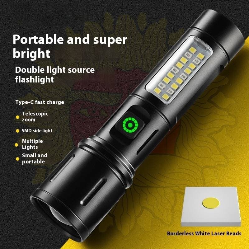 Multi-Function LED Flashlight - Power Zoomable COB Side Light With Laser Beam, Portable Tactical Flashlight For Outdoor, Camping, Emergency