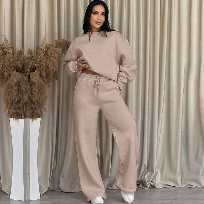 Women's Clothing Solid Color Round Neck Long Sleeve Loose Women's Fashion Casual Wide Leg Pants Suit
