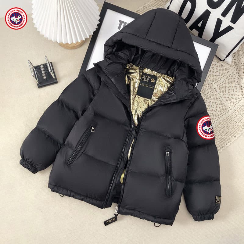 Kids' China Map Embroidered Puffer Jacket - Black & Gold Winter Coat With Detachable Hood, Thickened Windproof Outerwear