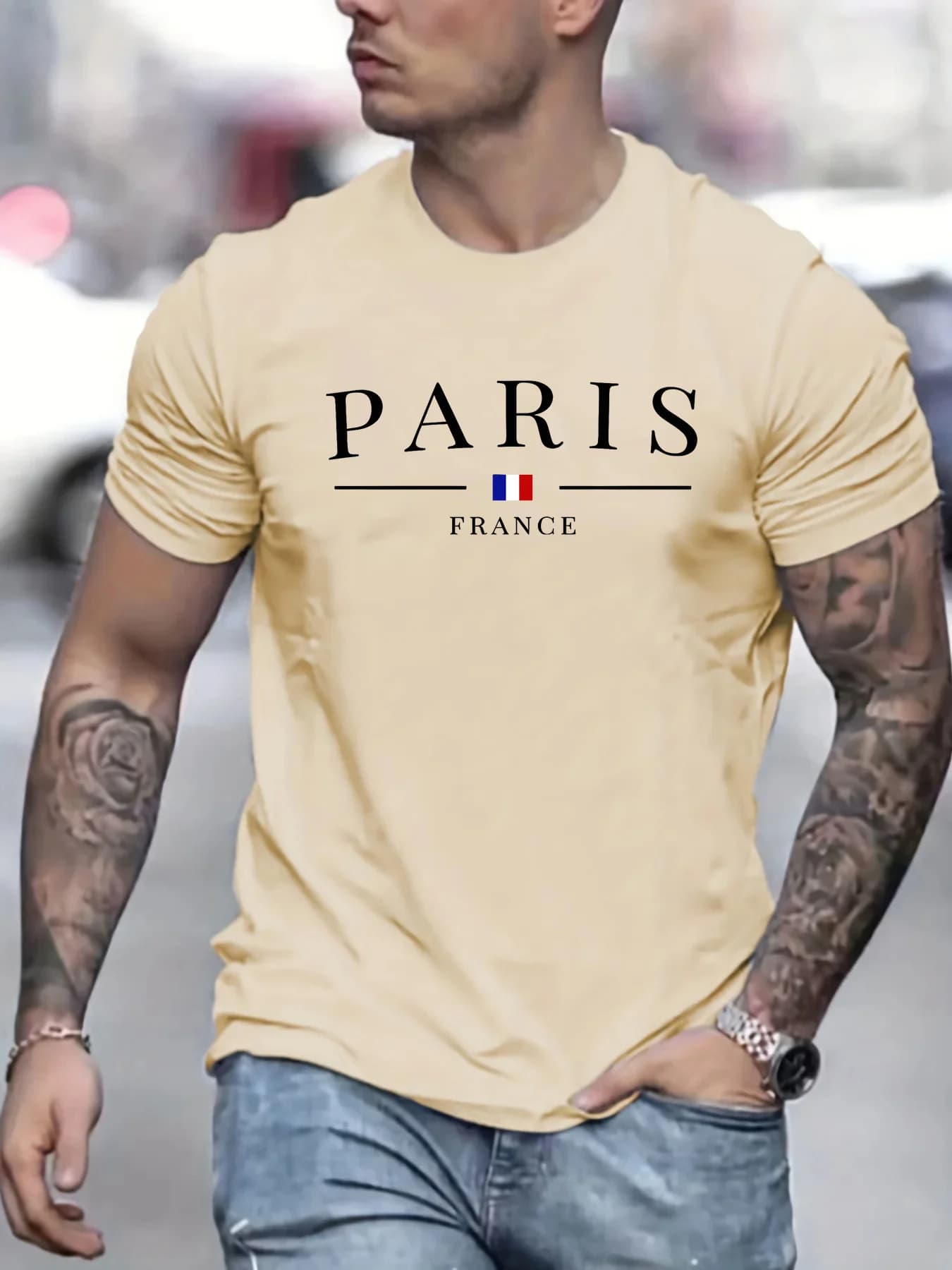 100% Pure Cotton Men's Summer Fashion Short Sleeved Shirt With French Paris Pattern Printed Casual Slim Fit Versatile T-shirt Top