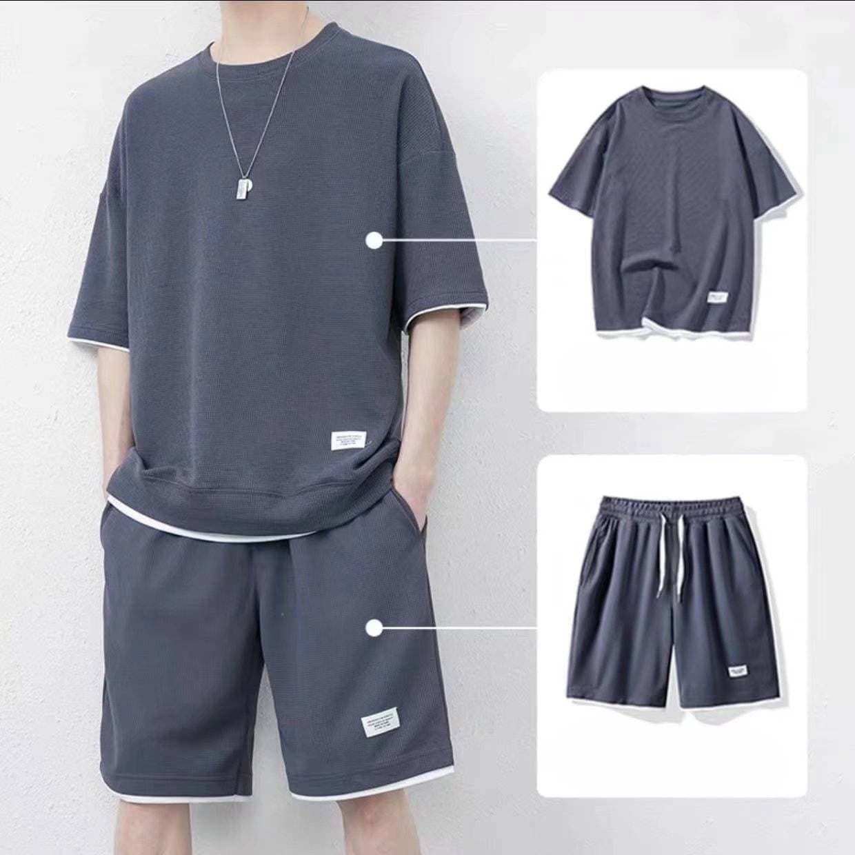 Men's Tops And Pants Waffle Sports Suits Ice-Feeling Breathable Short-Sleeved Shorts Two-Piece Suits