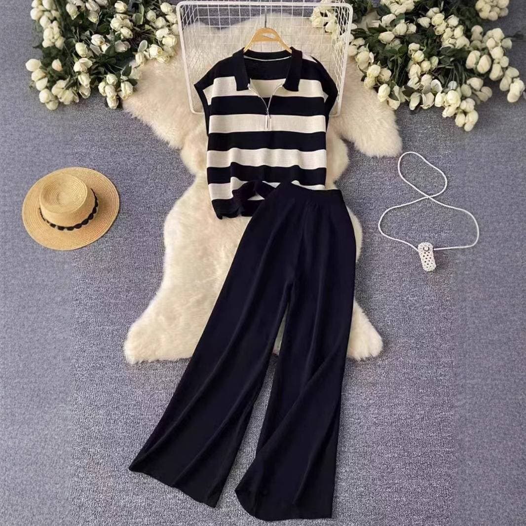 Women's Clothing Fashion Zipper Lapel Sleeveless Striped Top High Waist Versatile Trousers Knitted Two Piece Suit