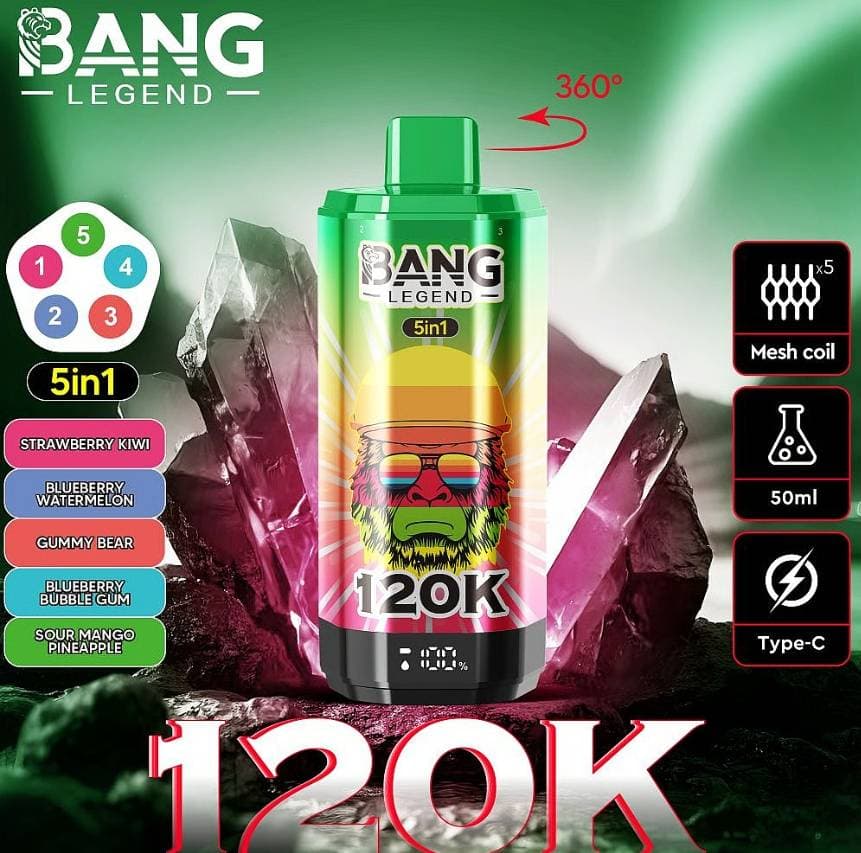 1 Bang Legend 120000 bouffées 120k Charge rapide Type-C Cigarette électronique jetable rechargeable 6 saveurs en 1