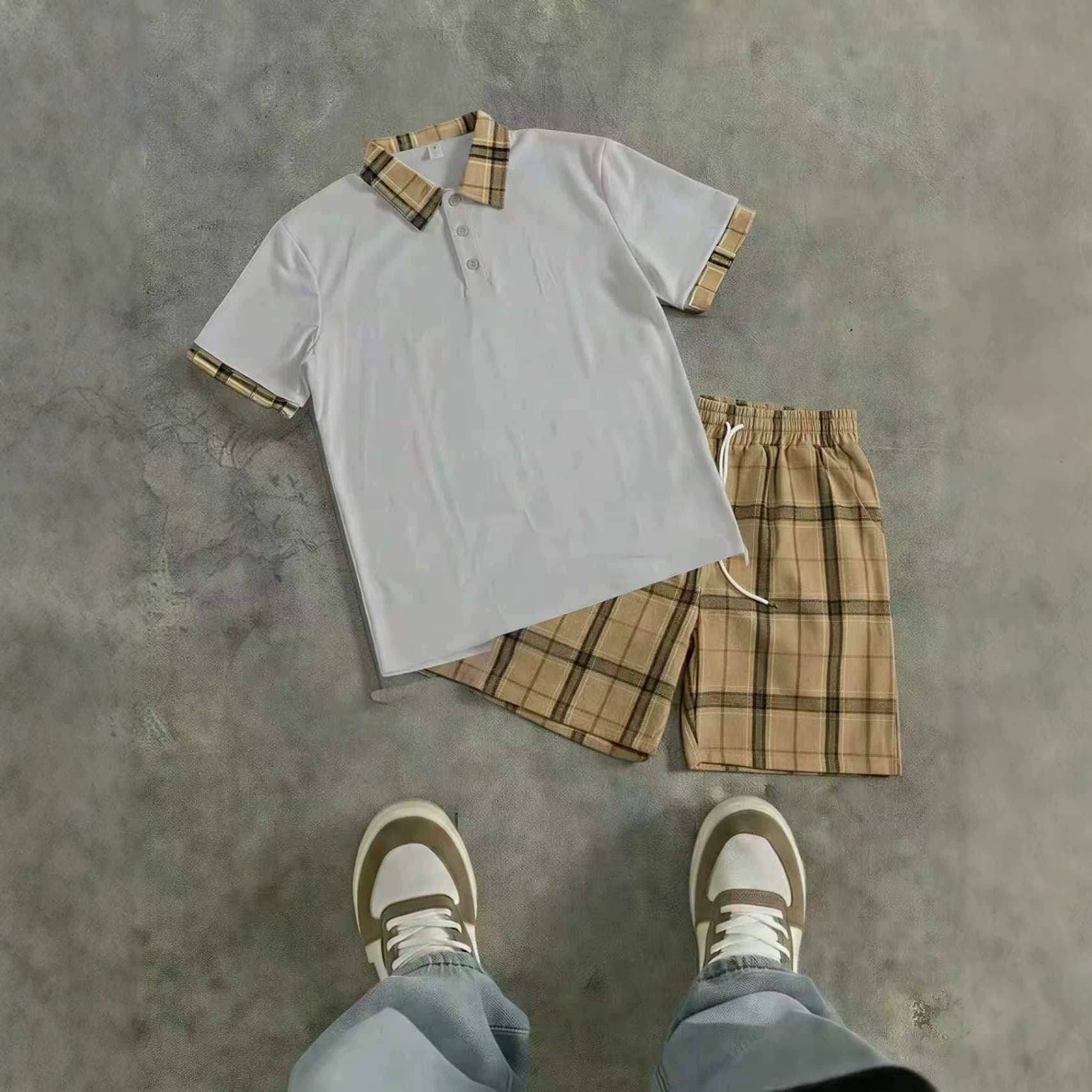 Men's Short Sleeved Polo Shirt And Shorts Set Sporty Casual Plaid Breathable Turn down Collar Outdoor Fashion Cross Border Style Clothing