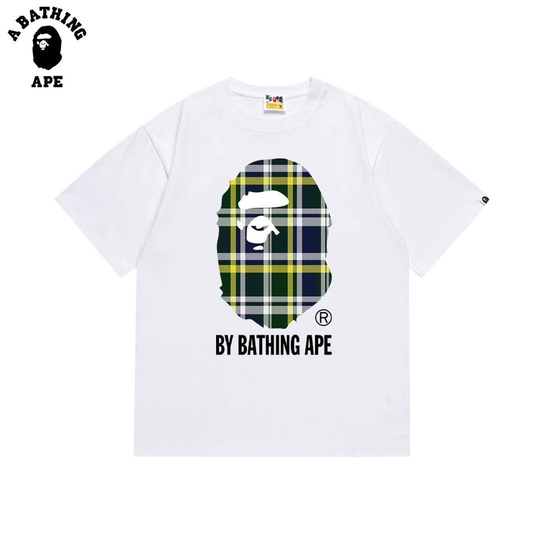 A BATHING APE BAPE-Plaid Monkey Head Letter Print Pure Cotton Short Sleeved Shirt