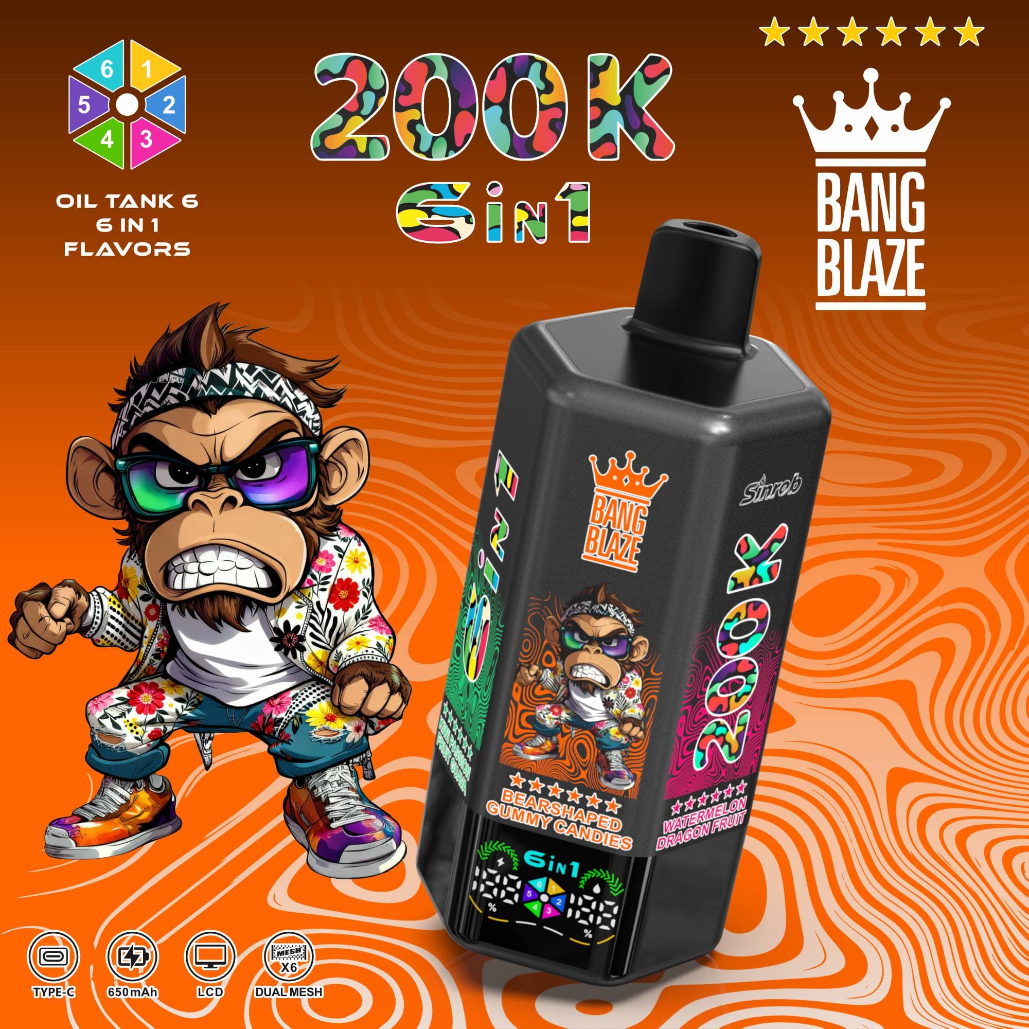 1 pièce Bang 6 saveurs 200K bouffées (200 000 bouffées) Cigarette électronique rechargeable avec 6 réservoirs d'huile et écran LCD Cigarette