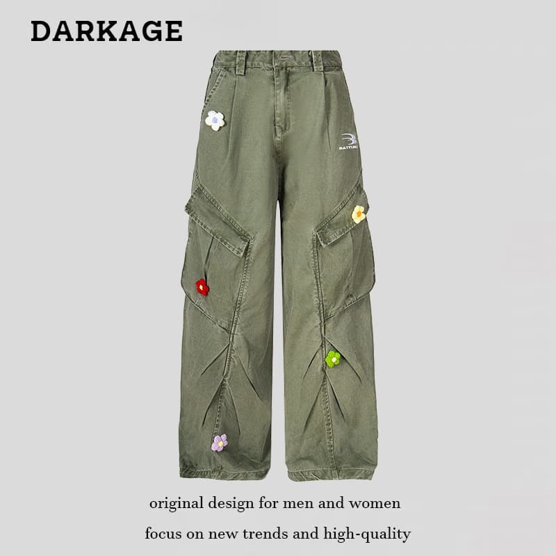 Men's Clothing Retro Petal Embroidery Creative Letter Washed Workwear Jeans Men And Women Loose Lazy Wide Leg Pants Trend