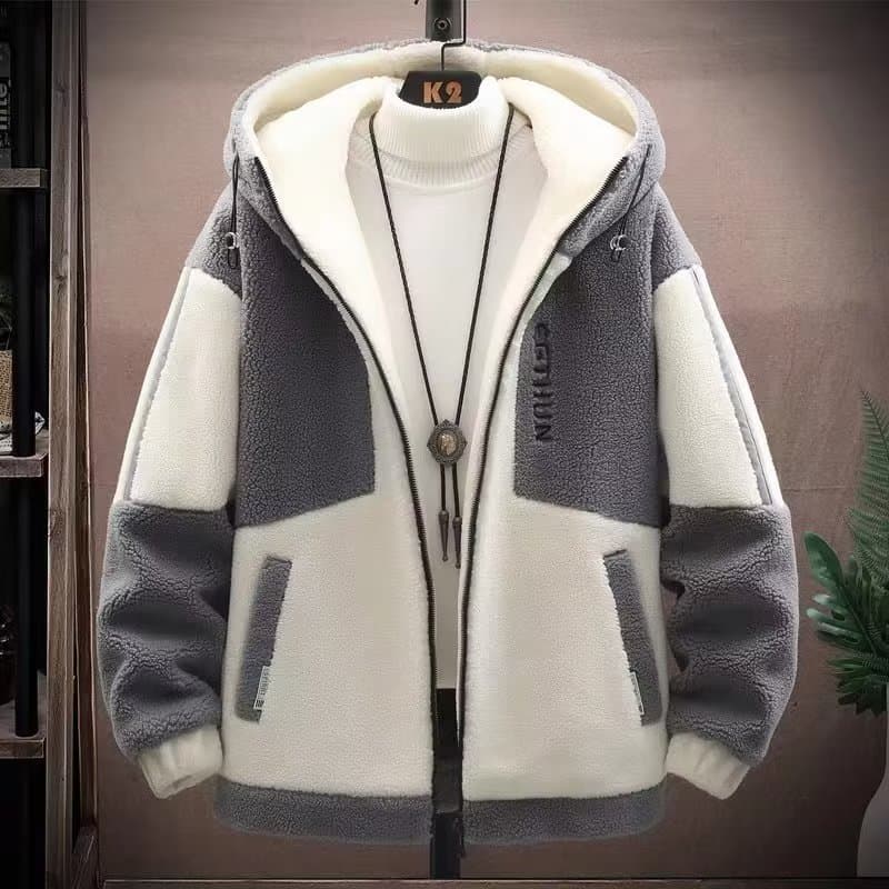 Autumn and winter men's sherpa hooded jacket loose trendy brand granular velvet cotton coat thickened contrasting color simple jacket for men