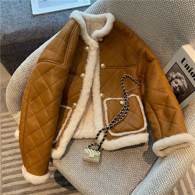 Winter Coats Women Thick Sheepskin Coat Faux Lamb Fur Leathe Motorcycle Jacket Coat Streewear Loose Retro