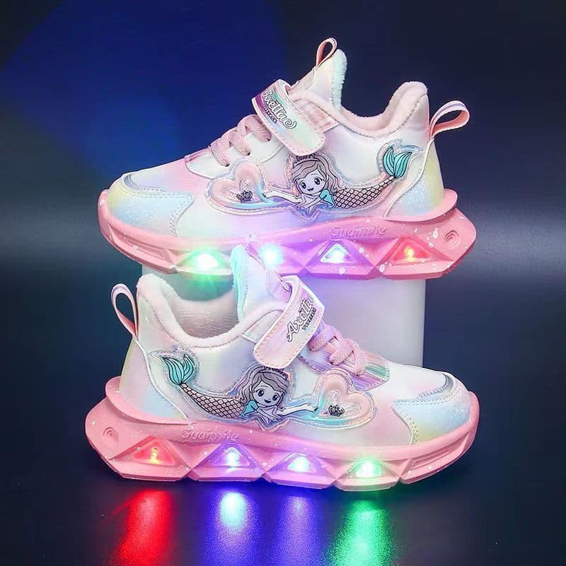 Girls' Sports Shoes Autumn And Winter New Waterproof Leather And Cotton Casual Shoes For Small And Medium Sized Children Non Slip Soft Sole Mermaid