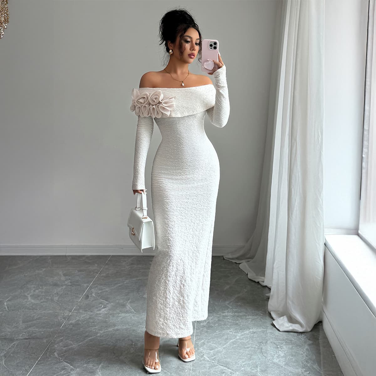 Elegant Long-Sleeve Bodycon Dress – Stretchy High-Waist Midi Dress With Floral Print (S-XL, Beige, Wrinkle-Free, Office To Evening Wear)​