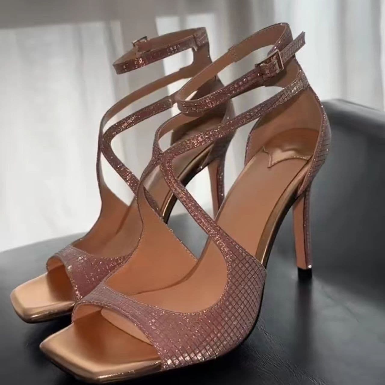 Women's Sexy Open Toe Sandals Single Strap Cross Sequined Square Toe Stiletto Heel Fashionable And Versatile High Heel