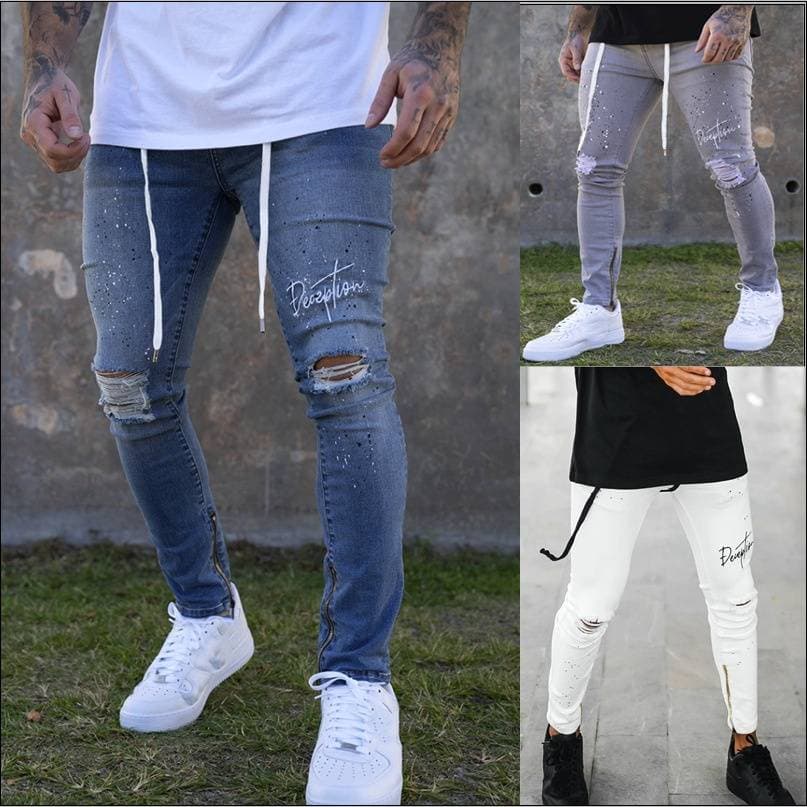Men's Clothing white slim fit ripped foot pants paint tether jeans