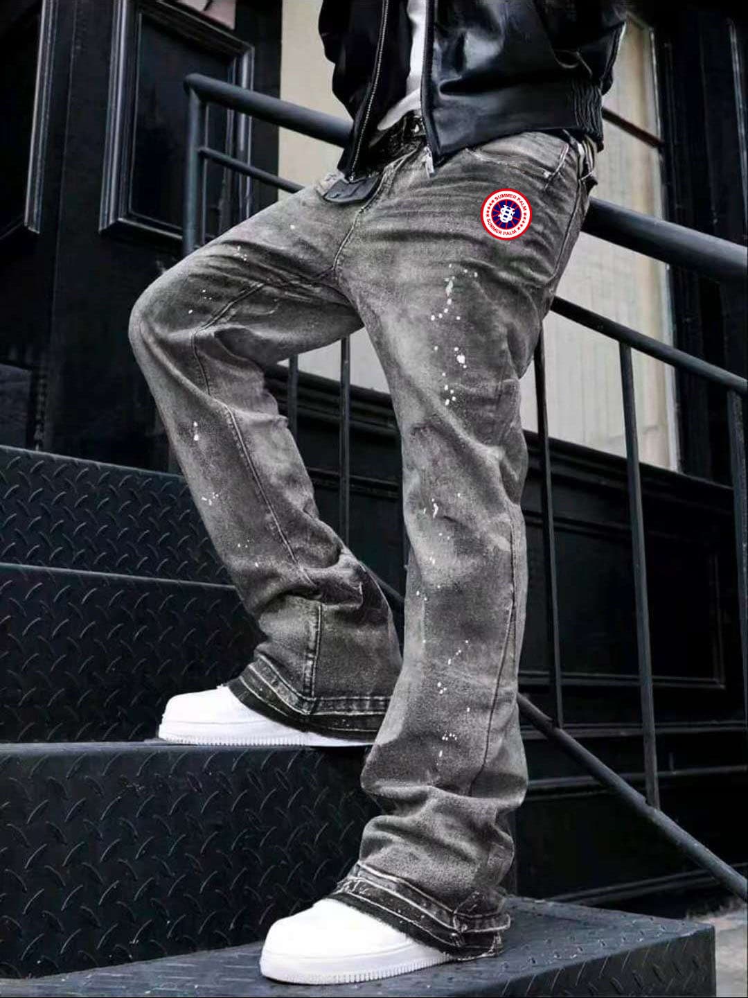 Men's Heavyweight Washed Denim Jeans - Summer Letter Logo Print Streetwear Jeans​ AAA