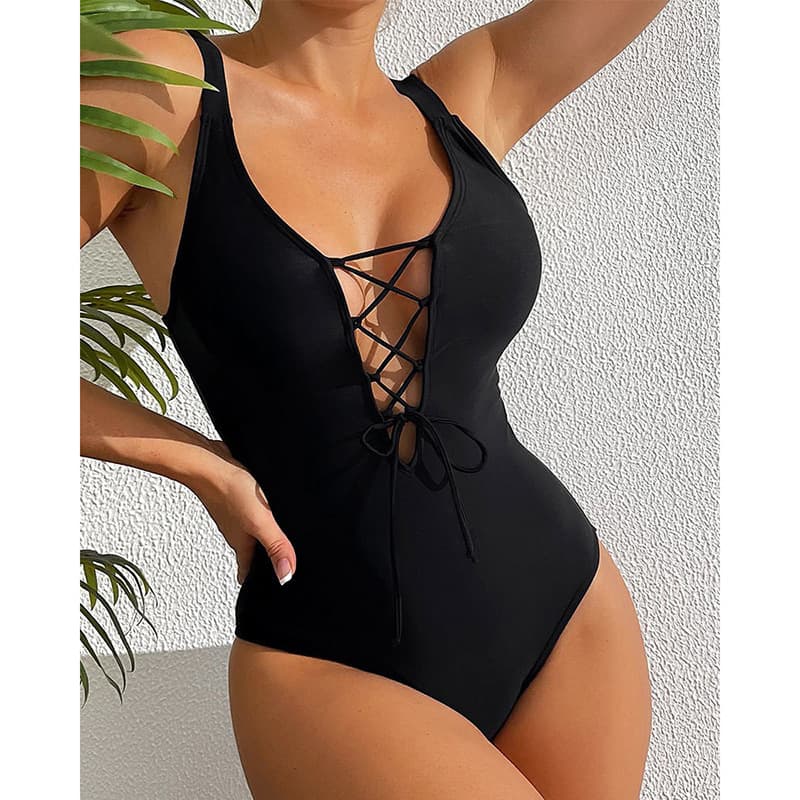Women’s Clothing new conservative one piece swimsuit women's solid color drawstring hollow tight beach swimsuit