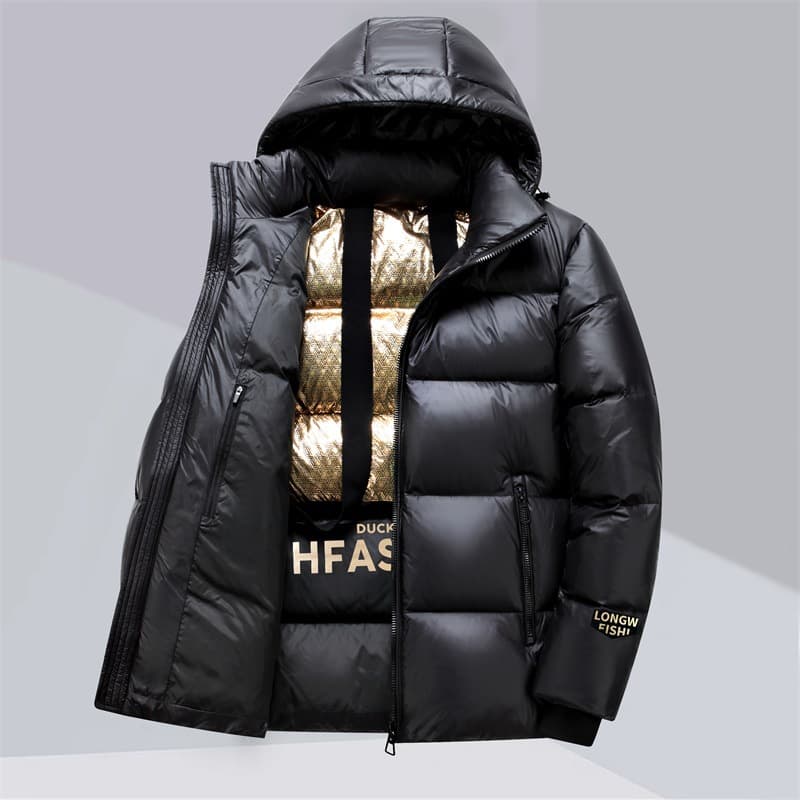 Unisex Black & Gold Short Puffer Jacket – Windproof Quilted Coat With Duck Down Fill For Winter Warmth