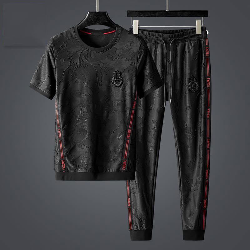 Men's Clothing High-end light luxury short-sleeved two-piece suit for men new summer fashion brand jacquard casual sports suit for men large size