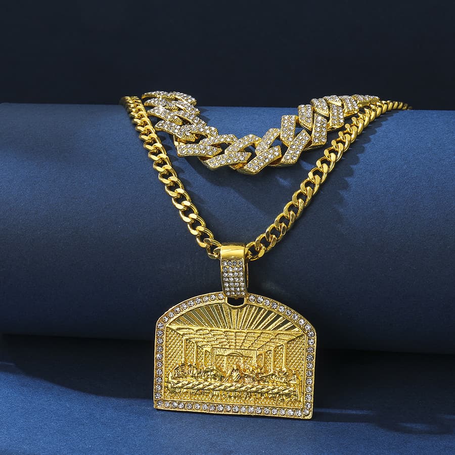 Zinc Alloy Full Diamond Hip Hop Pendant Men's And Women's Cuban Chain Personality Oil Painting Style Combination Necklace Hip Hop Style Alloy Necklace
