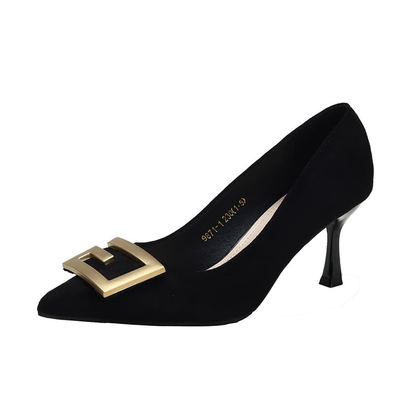 women's shoes with pointed toe buckles, black women's single shoes, spring and autumn new styles, shallow mouth temperament shoes, 5 cm and 7 cm