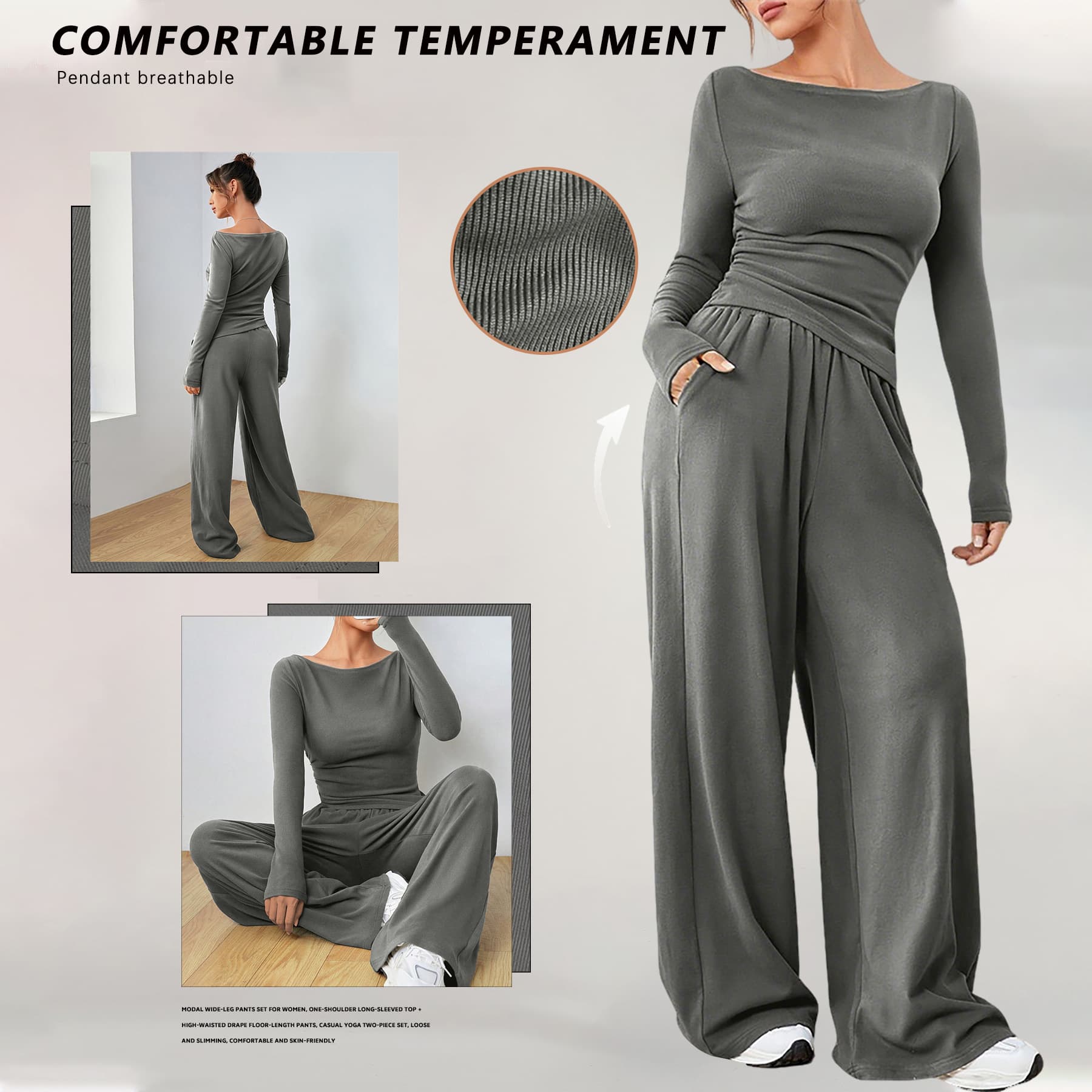 ​​European & American Style One-Shoulder Long Sleeve Top & Wide Leg Pants Set – Chic Casual Two-Piece Outfit (Dark Gray, S/M/L/XL/XXL)​​