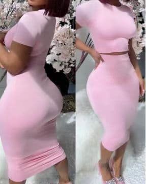Women's Fashion Crew-neck Top Leaky Waist Suit Tight Mid-length Bag Hip Skirt