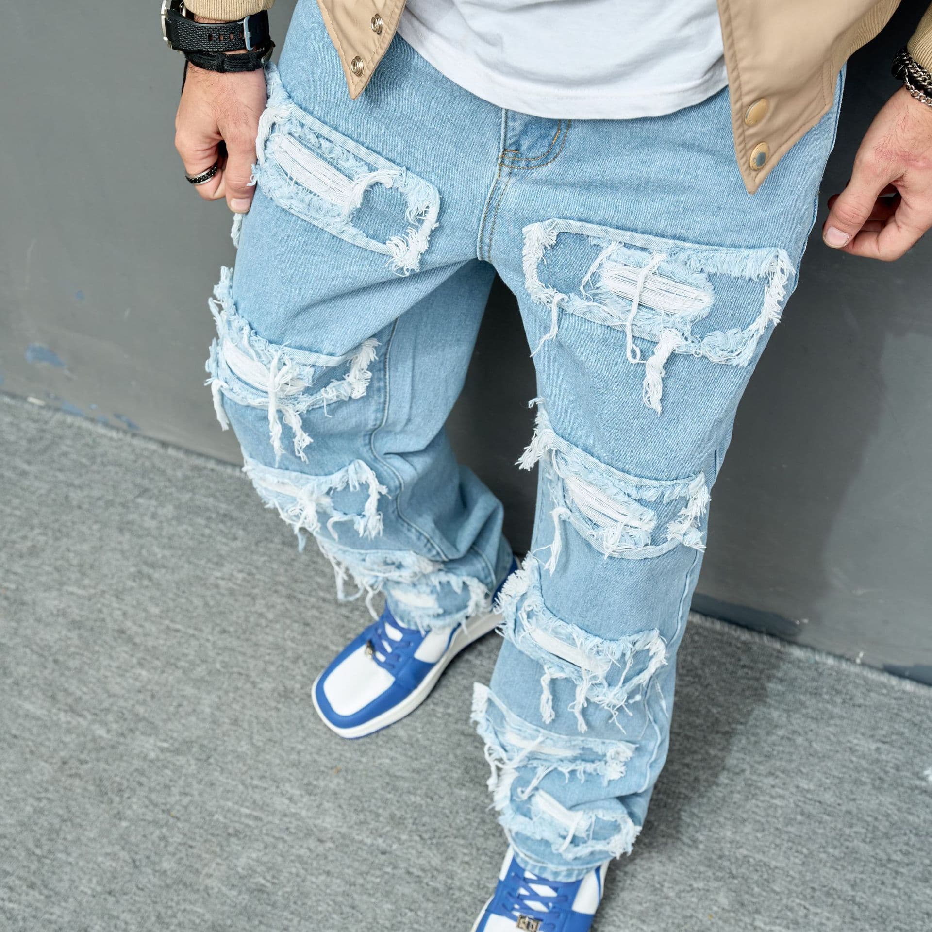 2025 New Jeans With Worn Knees, Elastic, Casual And Slim Fit, Trendy Men's Small Leg Pants