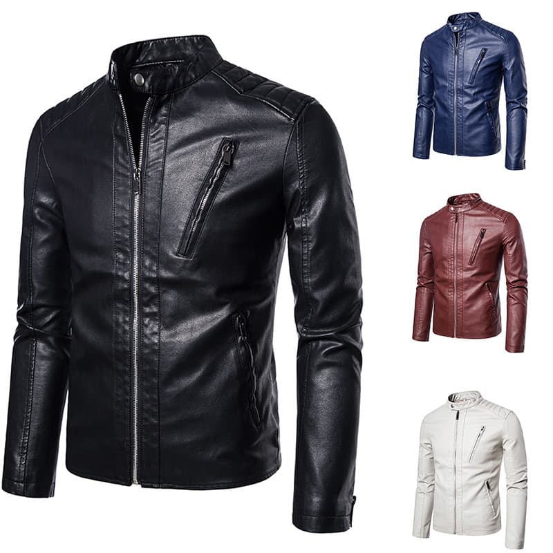 Men's Clothing Slim Fit Fashion Stand Collar Men’s Slim Fit PU Leather Jacket – Korean Style Biker Coat, Waterproof & Stylish For Casual Wear​
