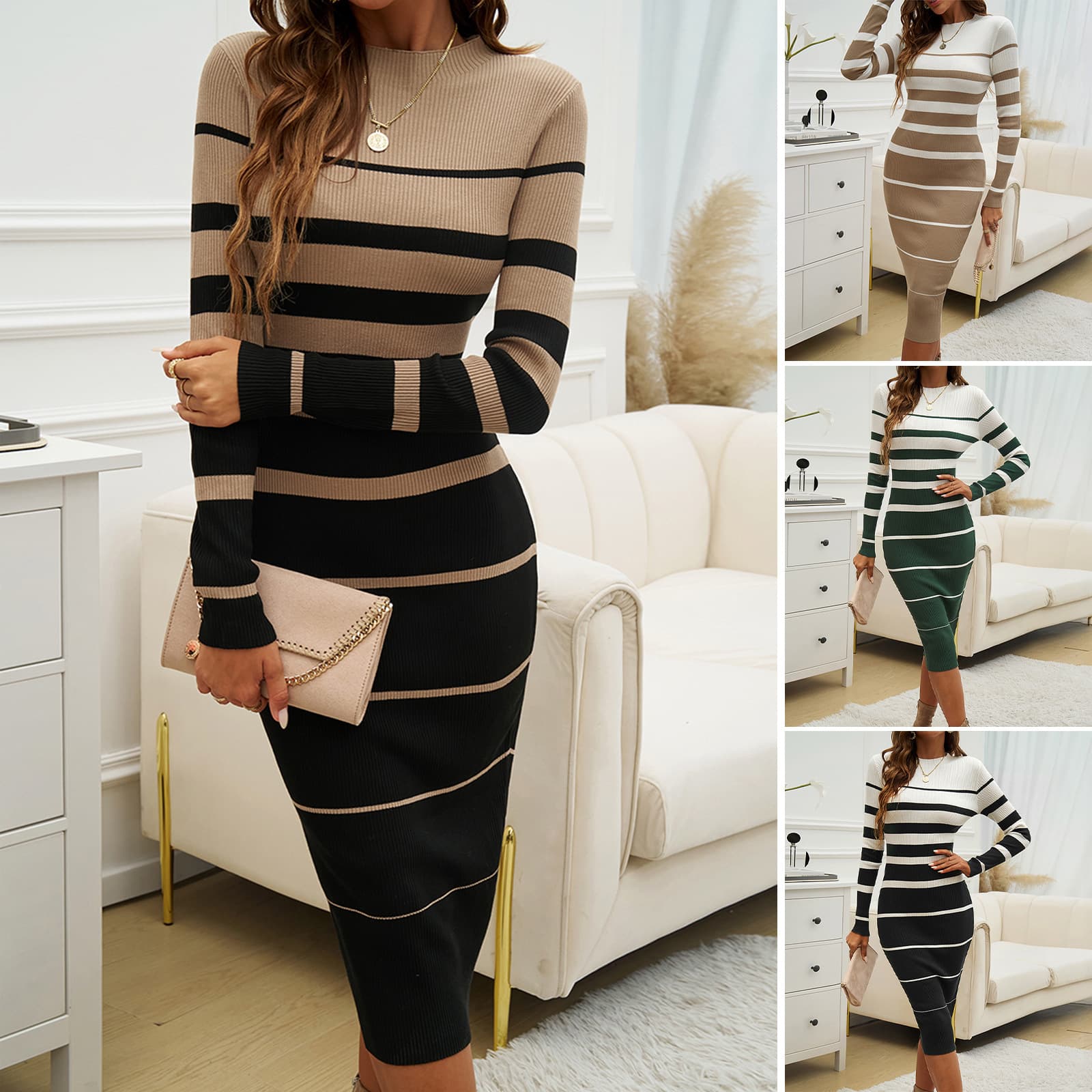 Women's Clothing autumn and winter women's clothing temperament slim contrast color long sleeved dress