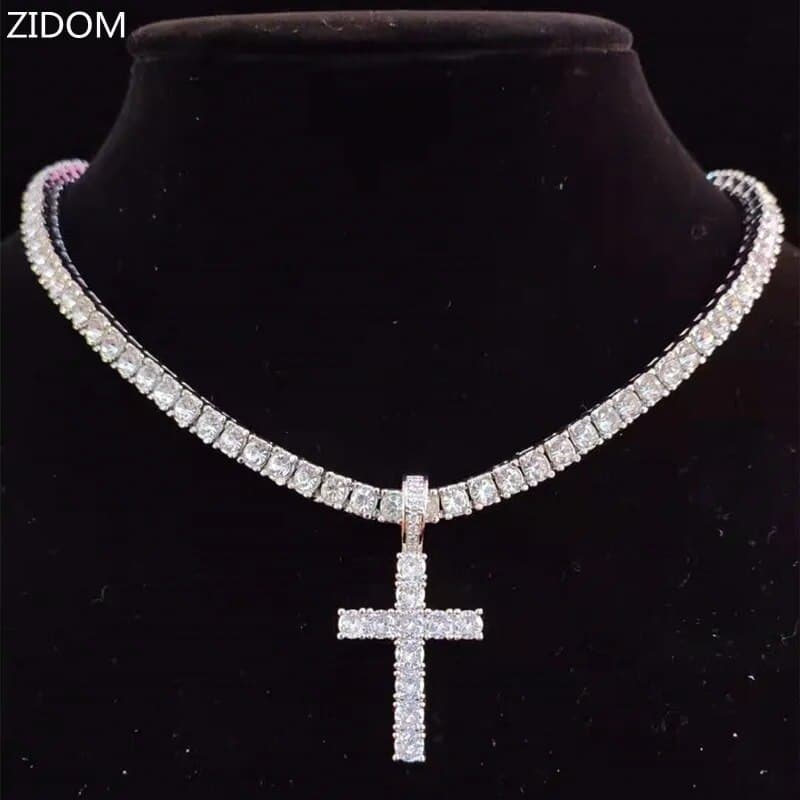 Collier avec pendentif en croix Hip Hop pour homme et femme avec chaîne de tennis en zircon de 4 mm, colliers glacés et bling-bling, bijoux HipHop à la mode