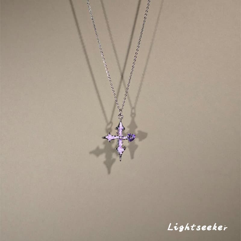 【Xunguang】Dark Series Flashing Purple Cross Zircon Necklace Punk Style Y2K Hot Girl Collarbone Chain