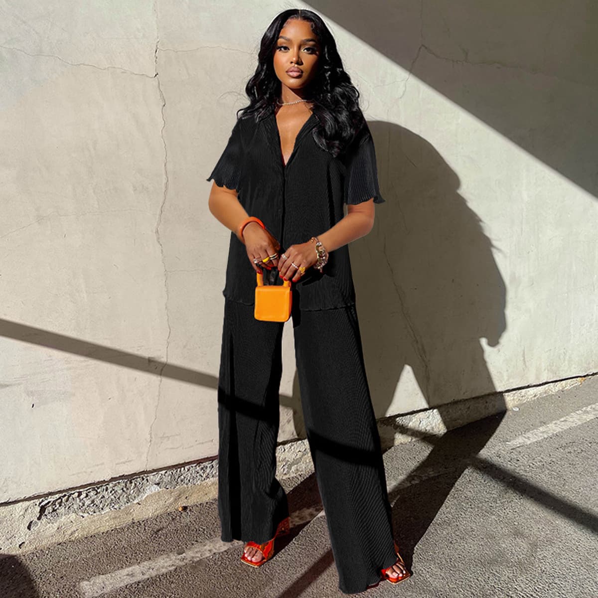 Women's Clothing Loose Casual Spring And Summer Fashion Pleated Short Sleeved Shirt Wide Leg Trousers Two Piece Set